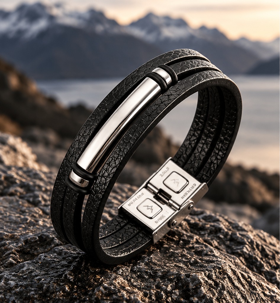 NORVIK99 leren herenarmband met stalen sluiting op rotsen in een fjordlandschap