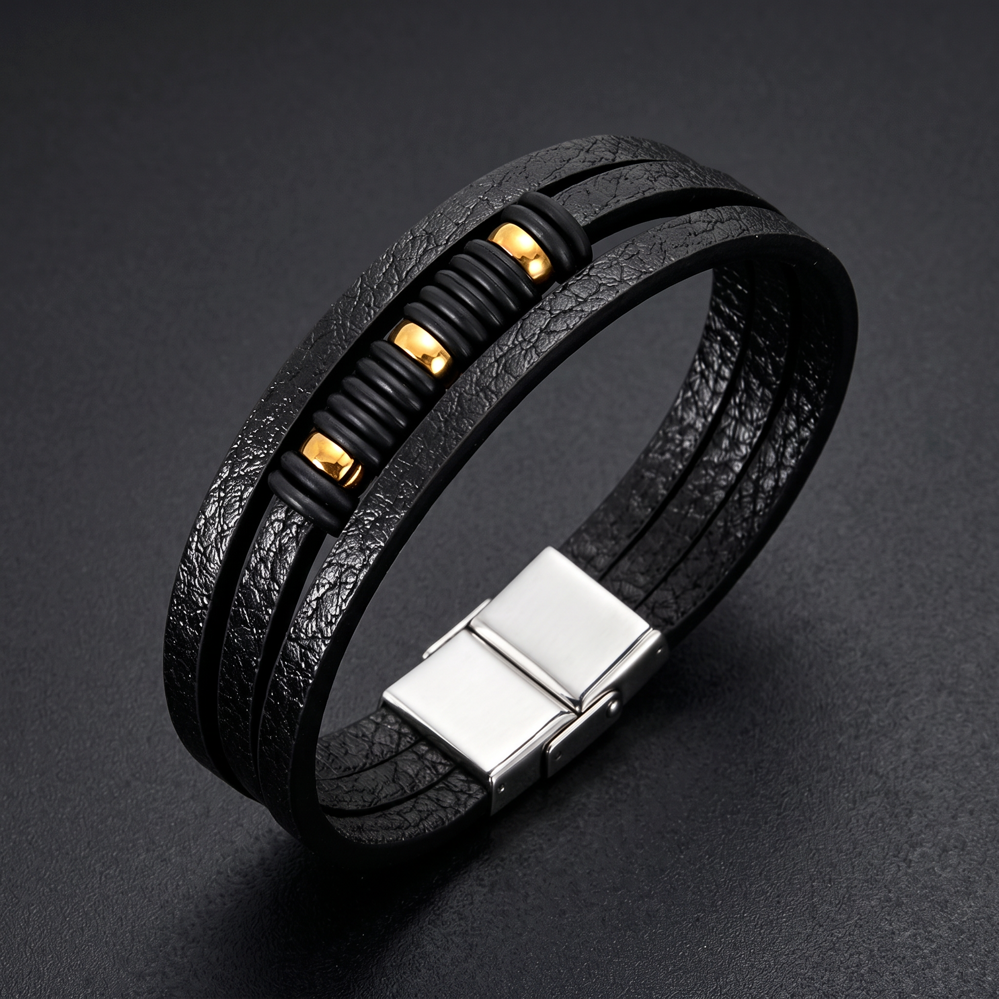 NVK-212 — herenarmband van PU-leer · RVS 316L goudkleurig