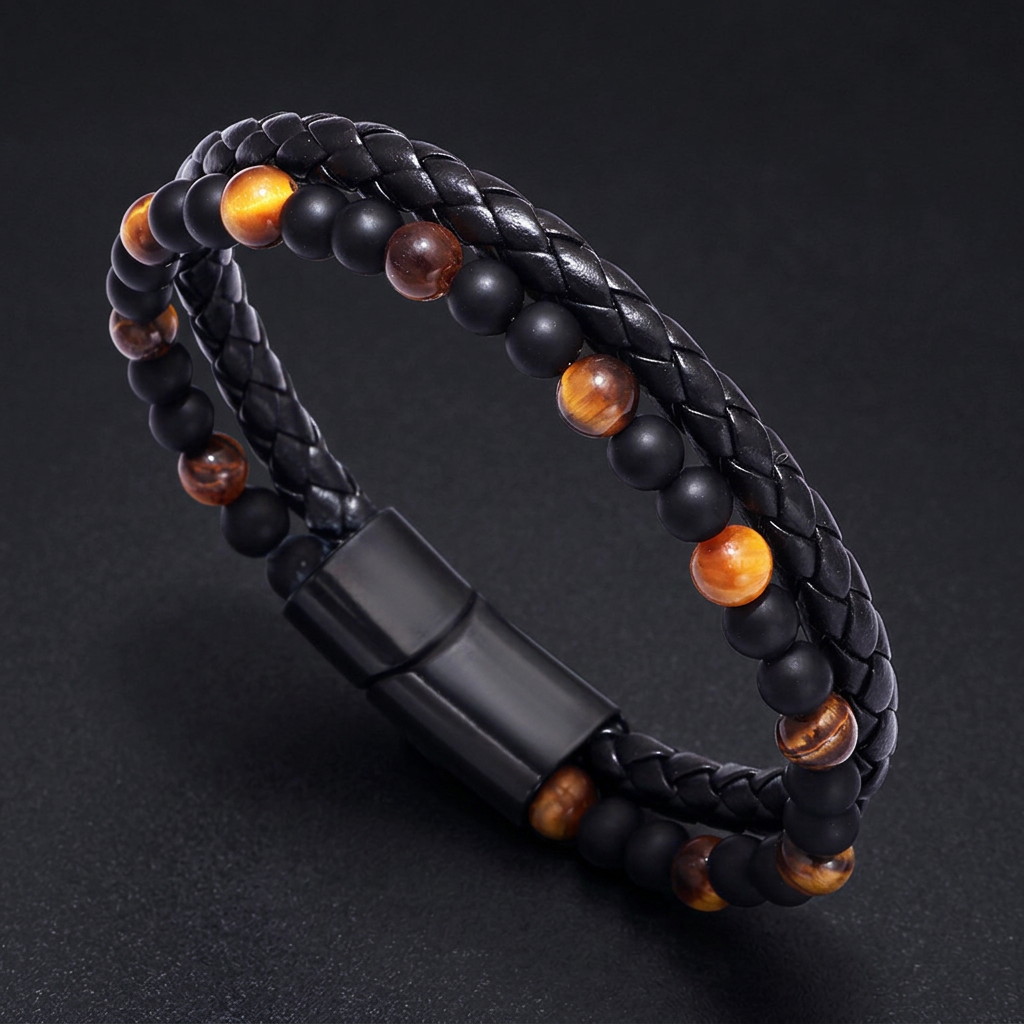 NVK-235 — herenarmband van PU-leer · Tiger's Eye · onyx