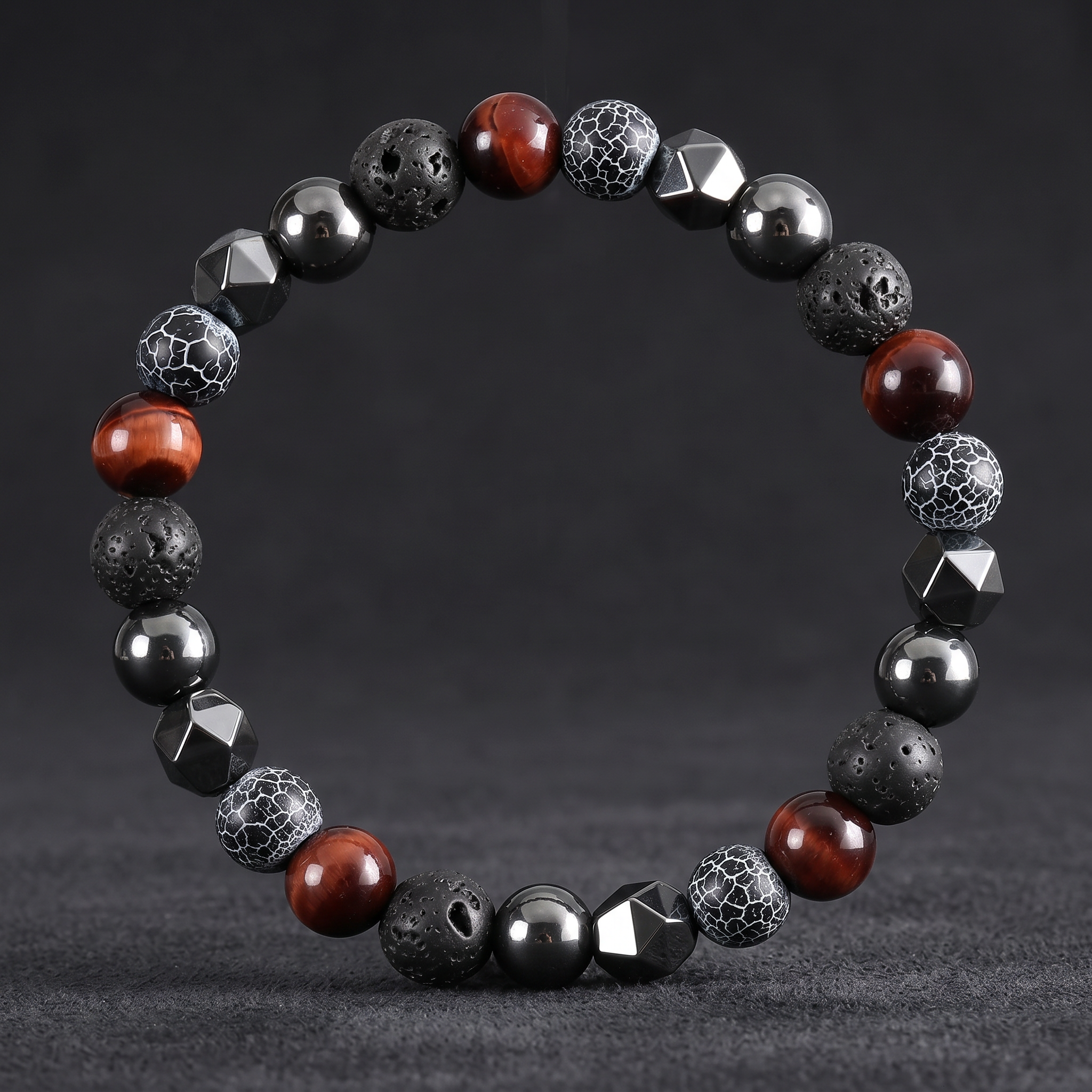 NVK-239 — herenarmband van Lavasteen · rode Tiger's Eye · hematiet