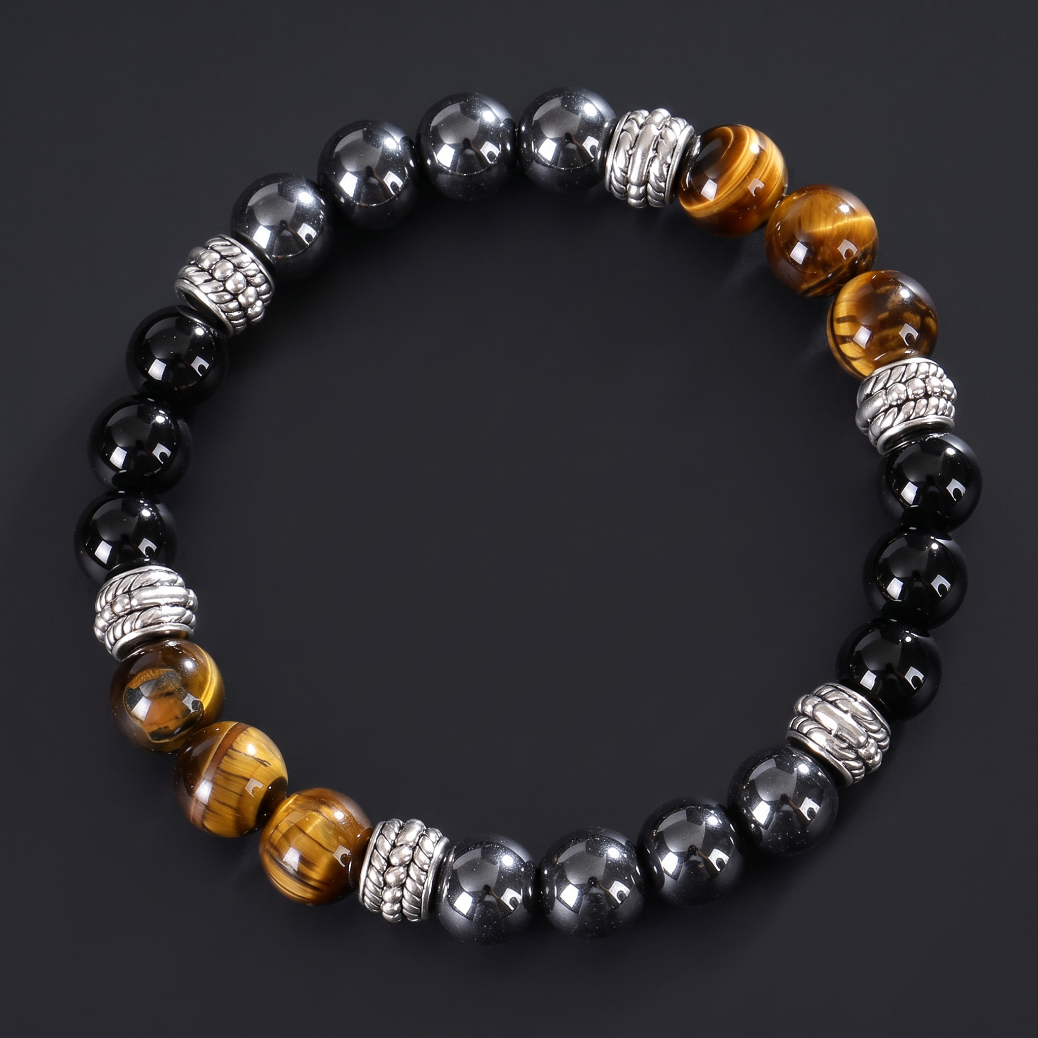 NVK-244 — herenarmband van Tiger's Eye · onyx · hematiet