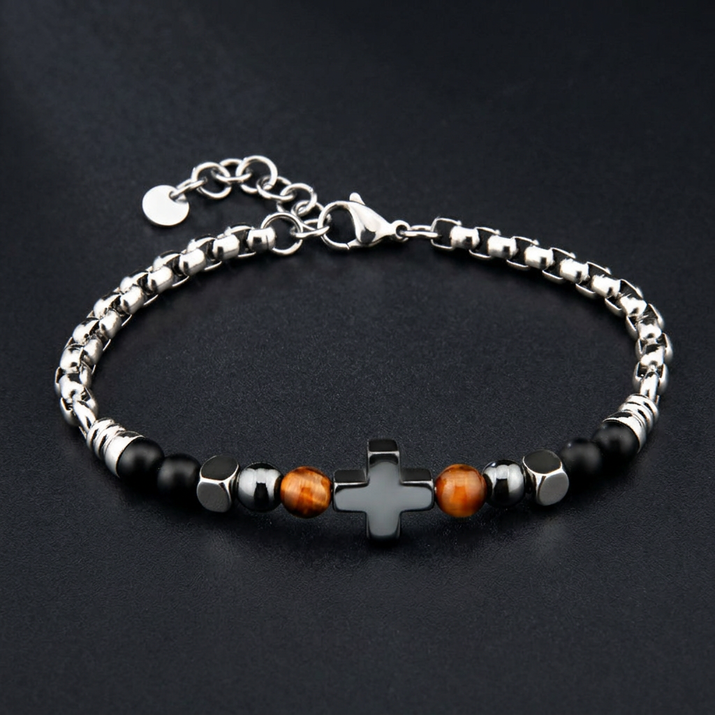 NVK-274 — herenarmband van RVS 316L · hematiet · Tiger's Eye