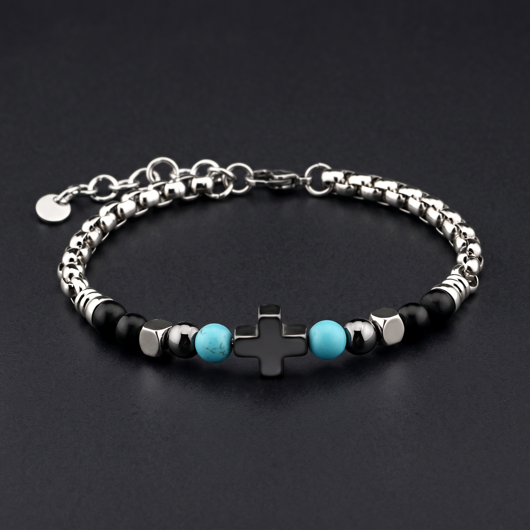 NVK-279 — herenarmband van RVS 316L · hematiet · turkoois